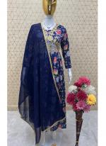 Pure Chinnon Silk Blue Casual Wear Printed Readymade Anarkali Suit